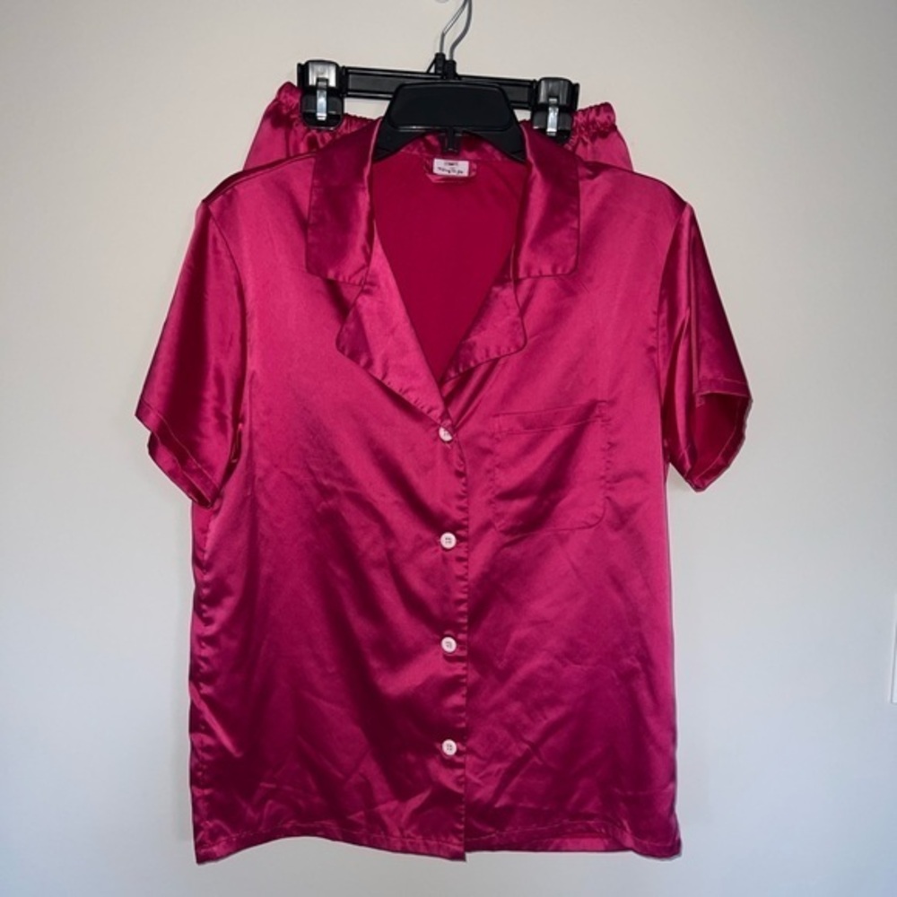 Satin Hot Pink Pajama Bridesmaid set short sleeve top and shorts Medium